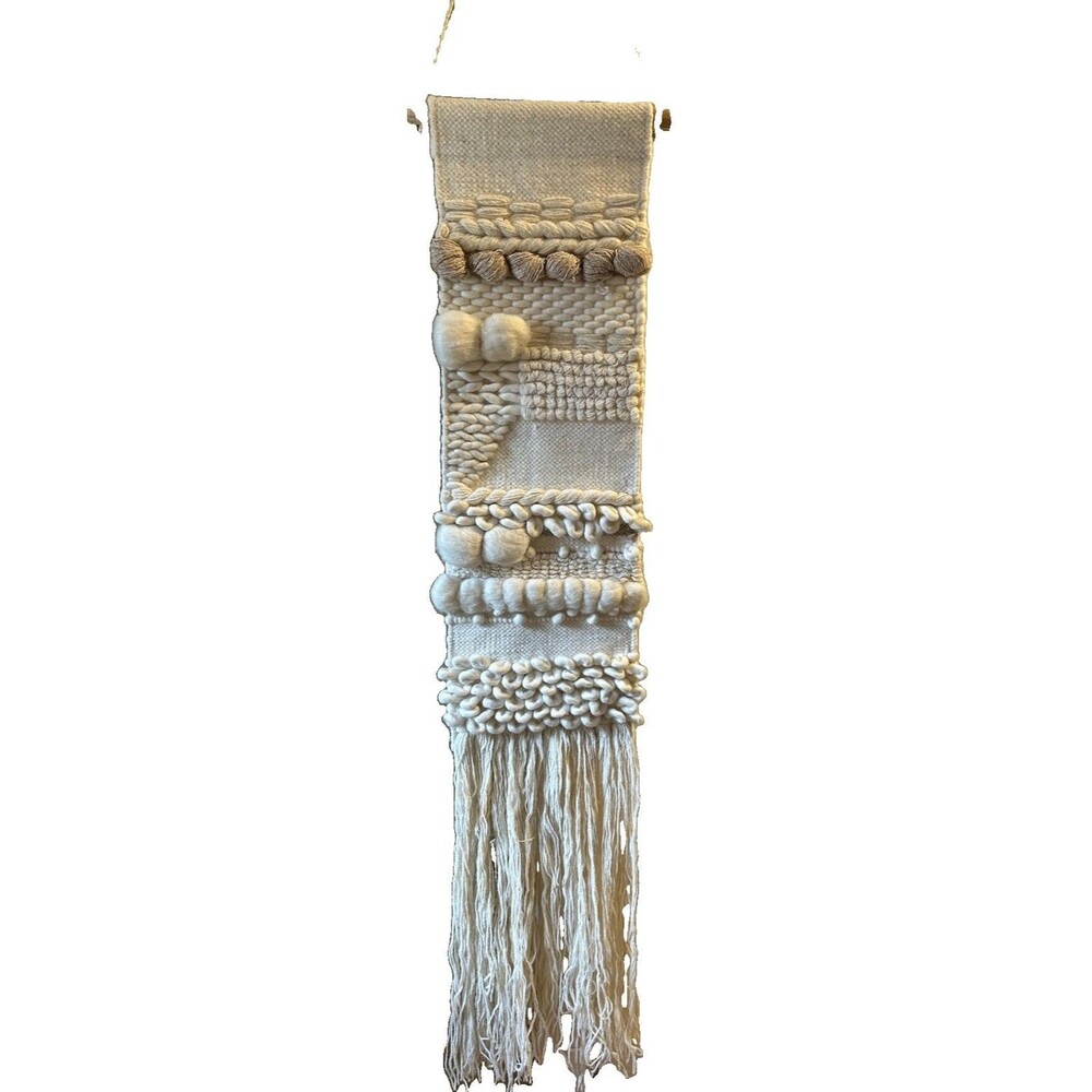 Surya Kamal Ivory Woven Wall Hanging Art Wool Blend 10” x 56” Wood Rod Boho